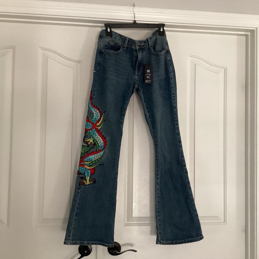 Ed Hardy Denim Low Rise Boot Jeans, Size 28, Color Blue Multi Color